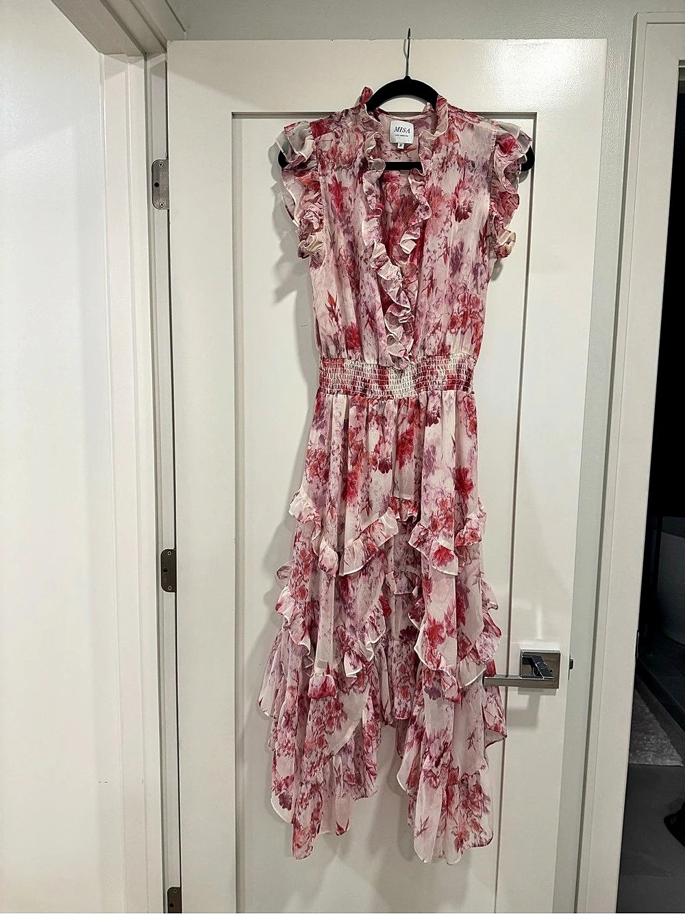 MISA Floral Ruffle Midi Dress in Pink & Red Like New